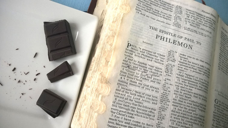 Philemon Bible with Green and Blacks Organic 85 Percent Cacao Dark Chocolate