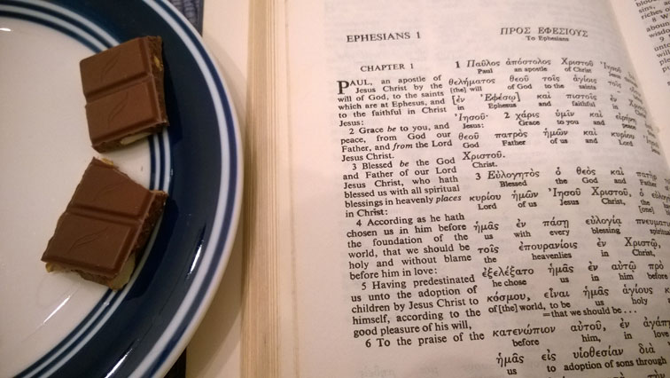 Triad Study Ephesians 3 Bible with Green and Blacks Organic Milk Chocolate with Almonds